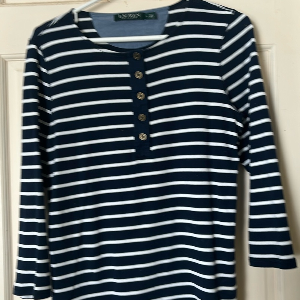 Lauren blue/white striped tee. Size large
